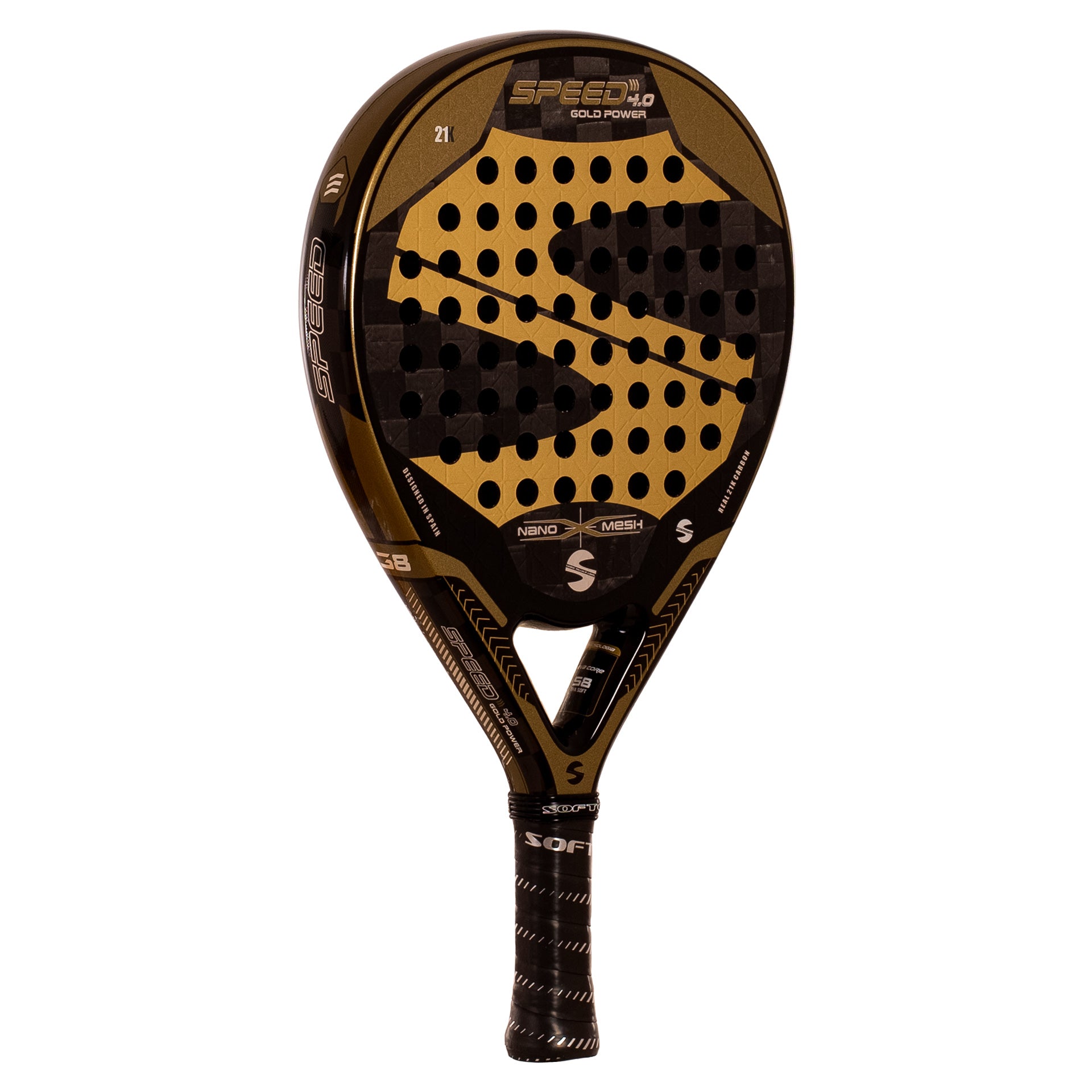 Softee Speed Gold Power 4.0 Nano Mesh padel racket with 21K carbon face and gold design front right