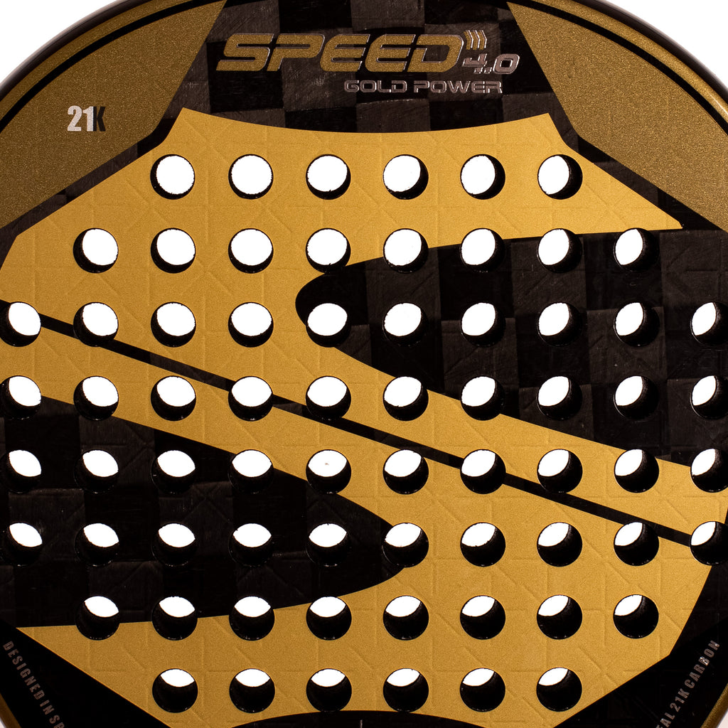 Softee Speed Gold Power 4.0 Nano Mesh padel racket with 21K carbon face and gold design front detail